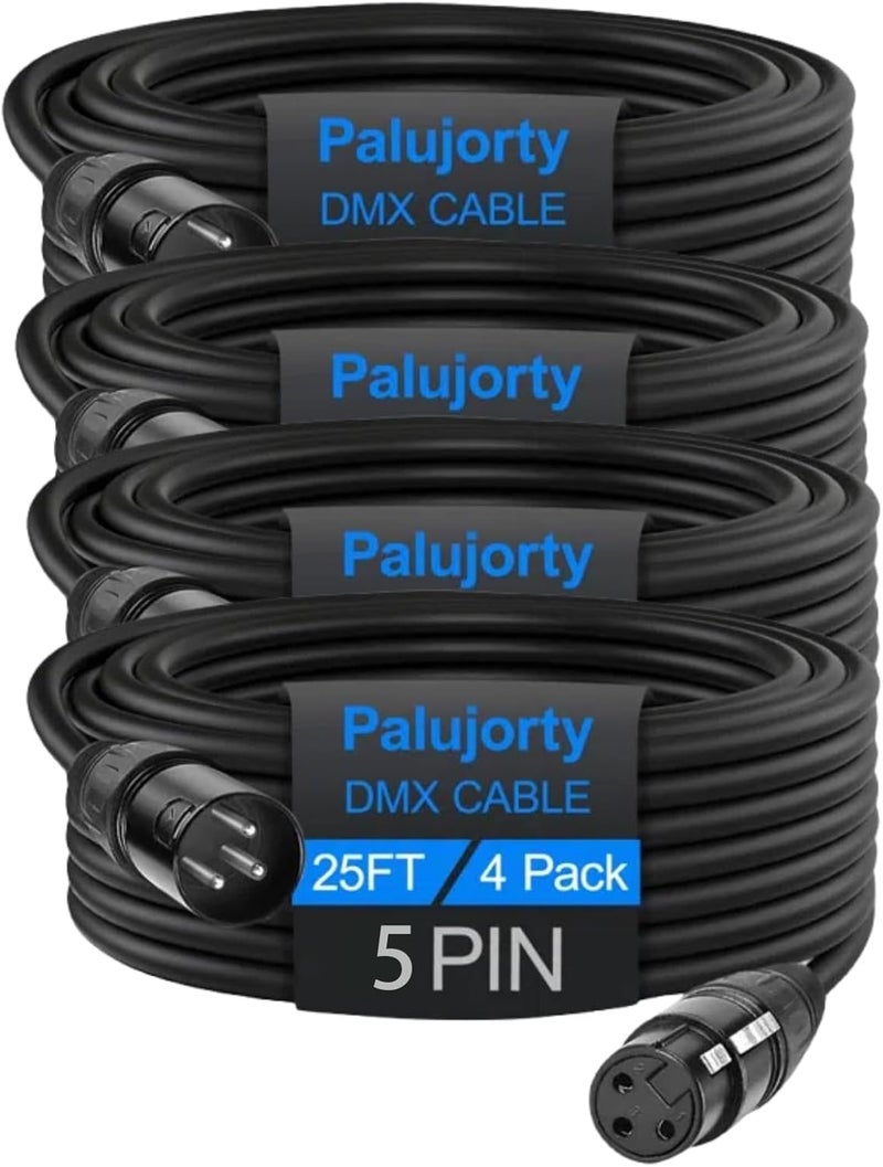 Palujorty كابلات DMX 5 دبابيس 25 قدم 4 عبوات مع 3 موصلات لإضاءة المسرح ووحدة التحكم - Image 1